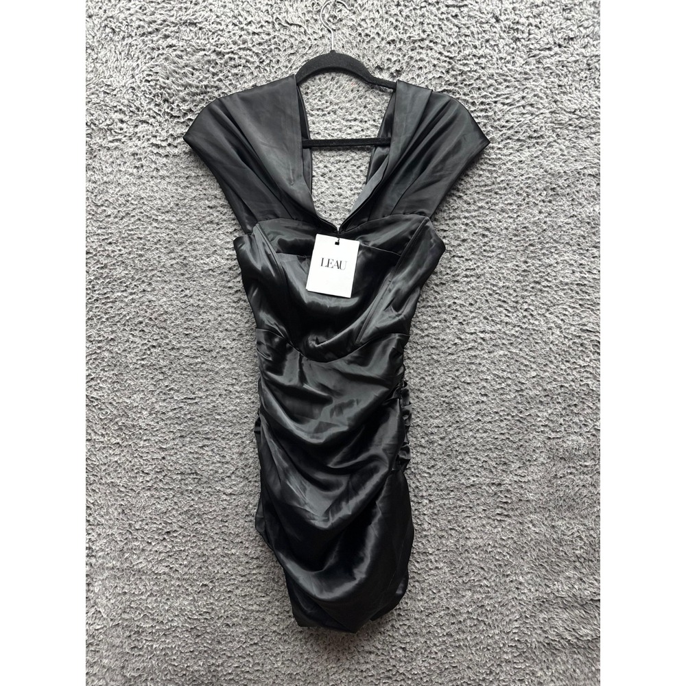 NWD Leau Divine Satin Corset Ruched Mini Bodycon Dress Black Womens Size XS